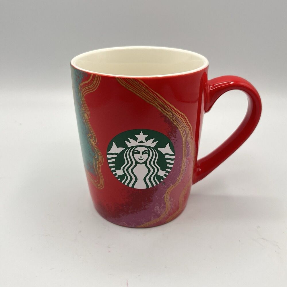 STARBUCKS 2021 CERAMIC 10 OZ RED GREEN SWIRL COFFEE MUG CUP MERMAID SIREN LOGO